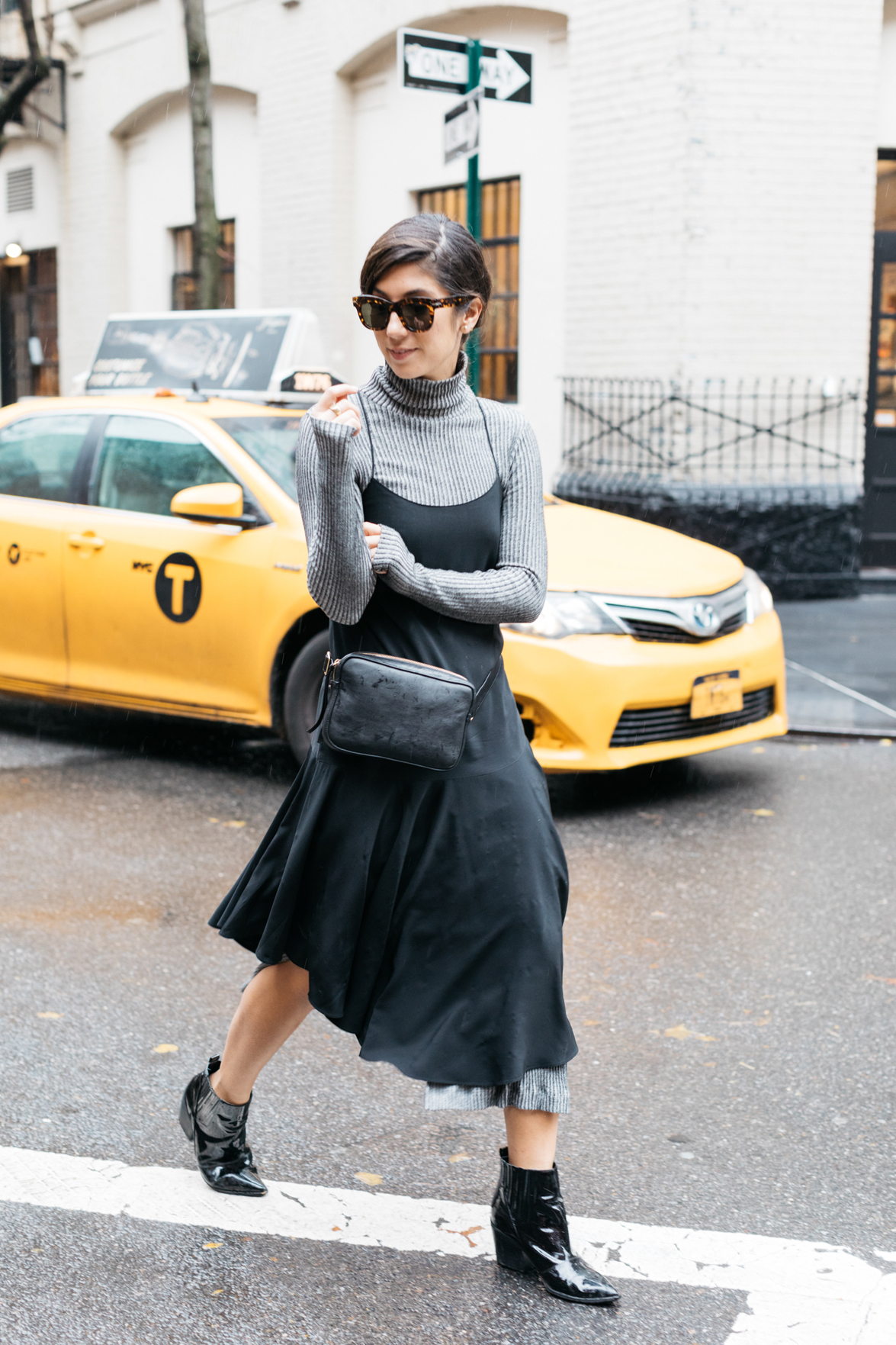 yellow slip dress with turtleneck